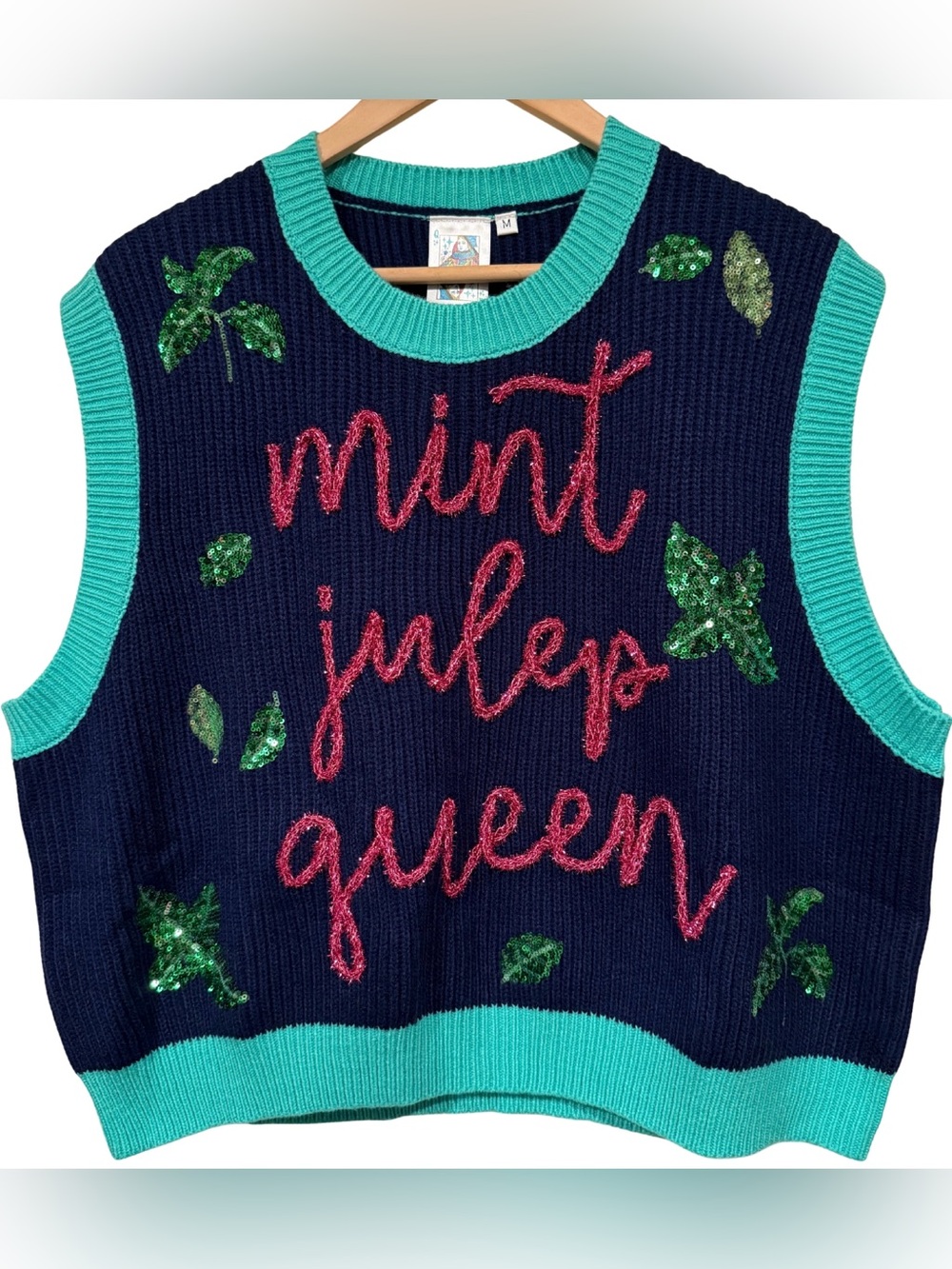 Queen of Sparkles Mint Julep Novelty Sweater Vest Derby M Sequin Statement Piece